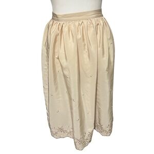 Vintage 60s‎ 70s Embroidered Floral Hem Half Slip Skirt Beige Midi Length